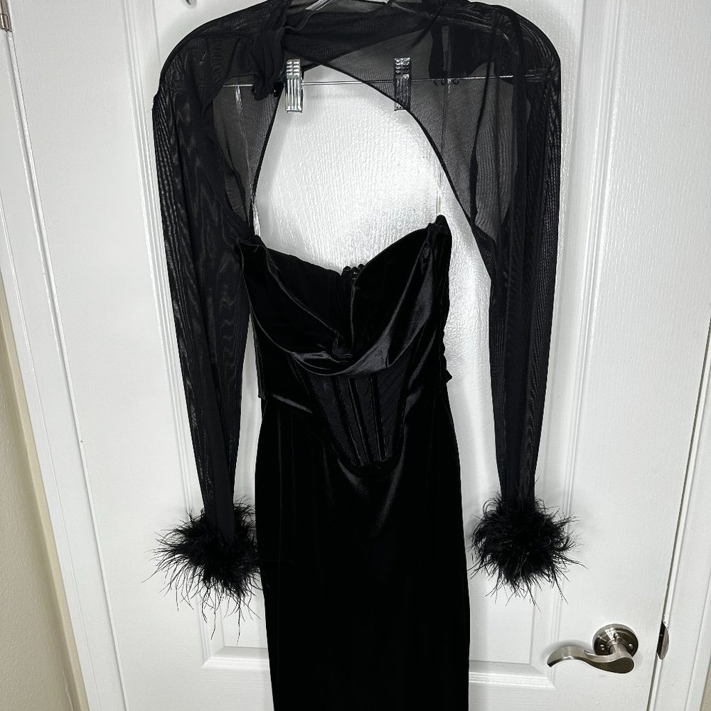 House of CB Velvet Black Gown with Mesh Sleeves